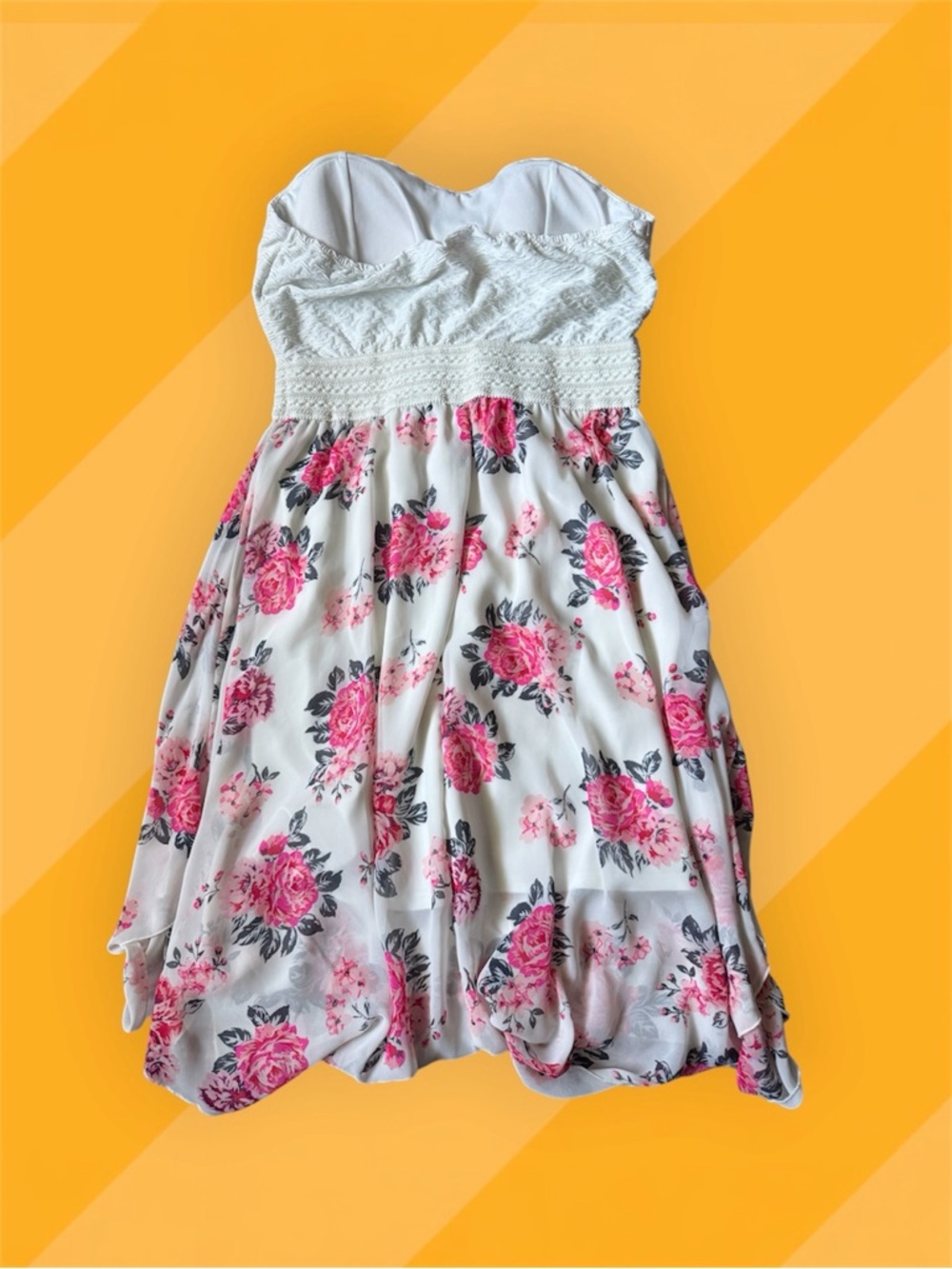 No Boundaries Strapless White Dress with Pink Floral Skirt - Picture 4 of 4